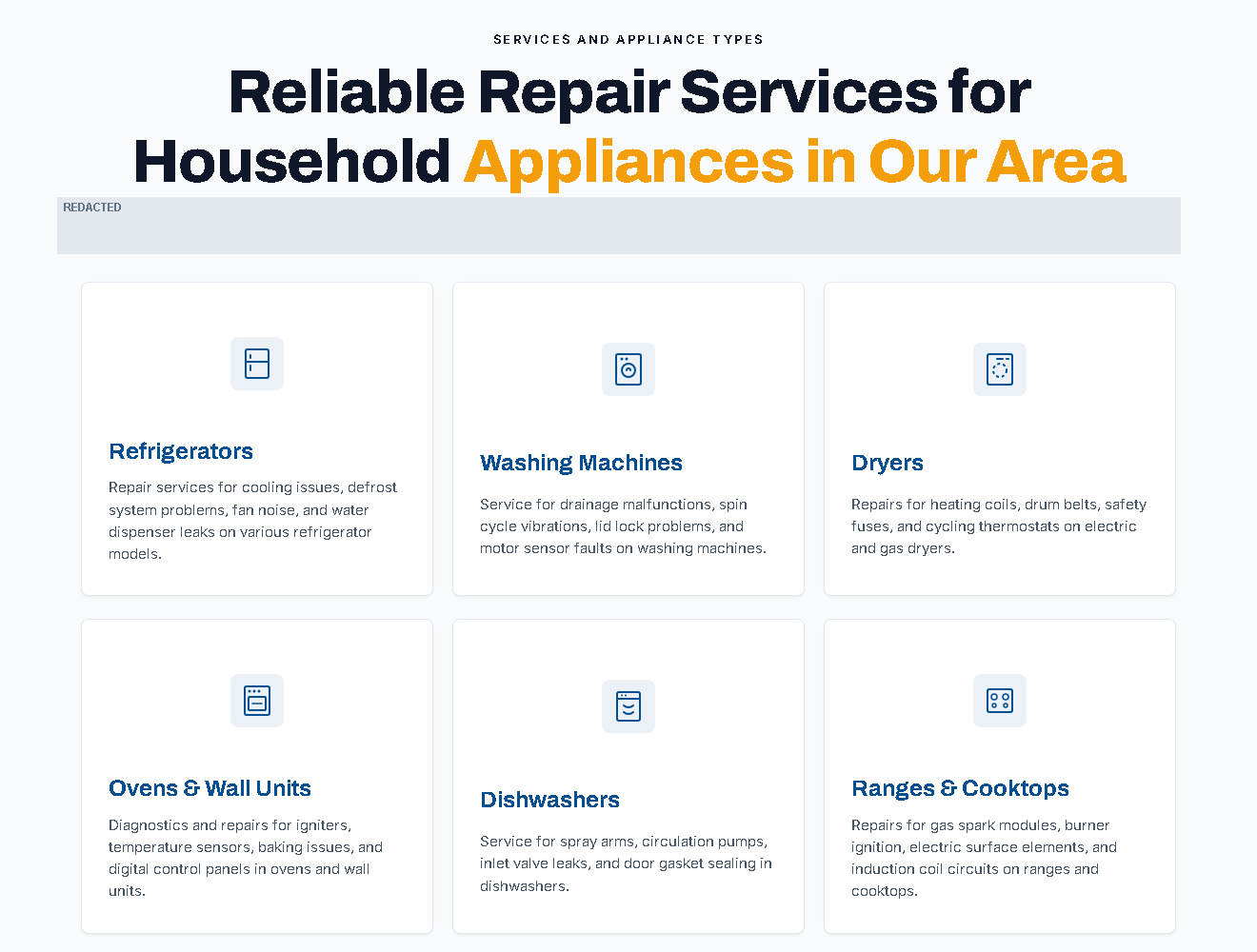 Appliance Repair Lead Capture Page. Website screenshot excerpt.
